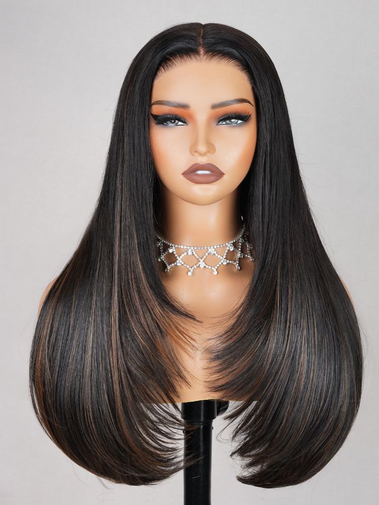 Straight Layered Wig Glueless P1B/30 Highlight Lace Front Wig Middle Part Pre Cut Swiss HD Lace Wig