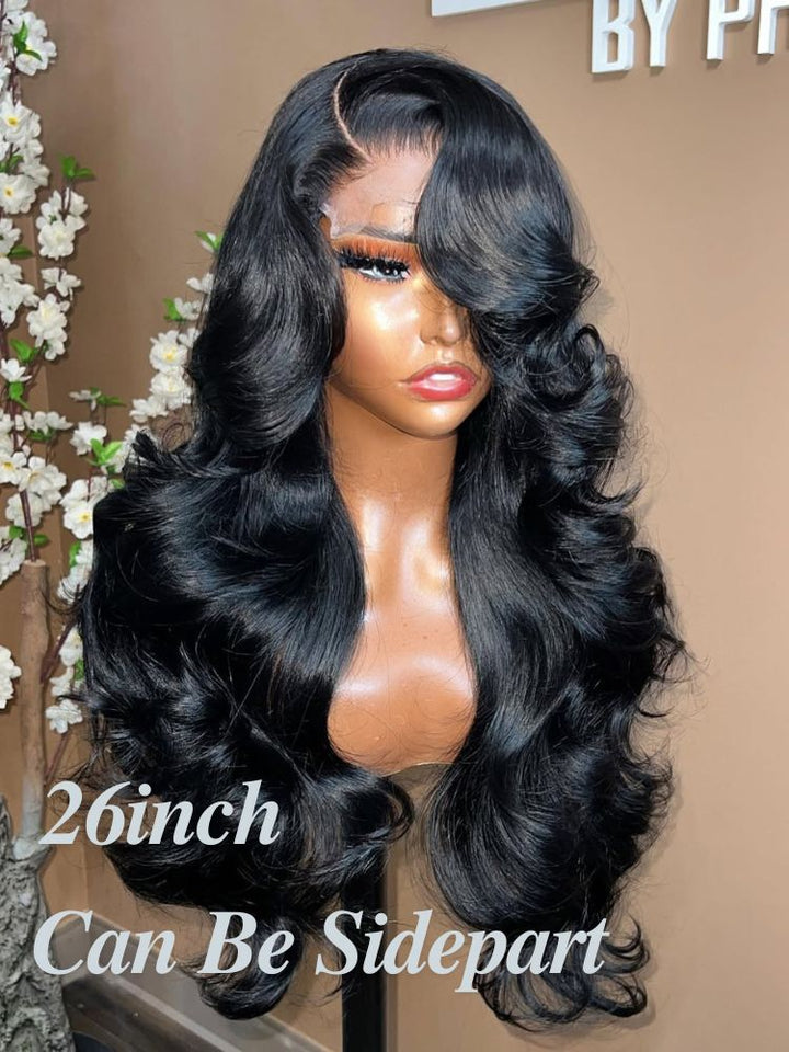 Wigcool Curtain Bangs Glueless Swiss HD Lace Wigs 3D Body Wave Wigs Chic Retro Single Knots Human Hair Wigs