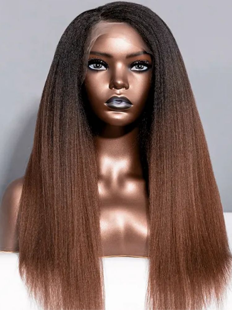 [Upgrade 360] Brown Ombre Yaki Straight Wigs Invisi Strap 360 Lace Frontal Wig Glueless Human Hair