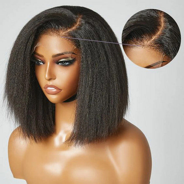 Wigcool Short Bob Wig 4C Kinky Edges Kinky Straight 4x4/13x4 Transparent Lace Frontal Wig 100% Human Hair