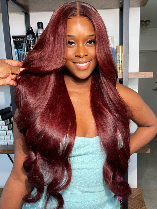 WigCool 99j Burgundy Color Body Wave 13x4 Transparent Lace Front Human Hair Wigs Pre Plucked With Baby Hair