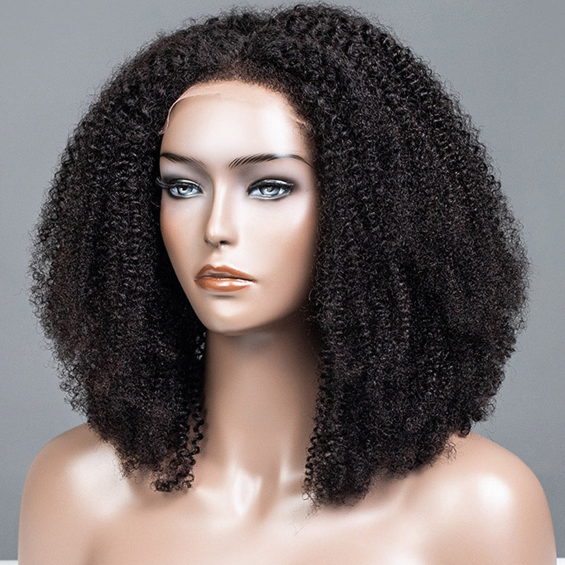 Wigcool Afro Kinky Curly Bob Wig 4C Kinky Edges 5x5 Transparent Lace Closure Wig Natural Black for Women