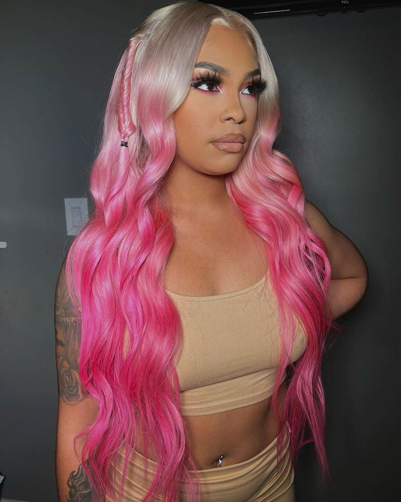 WigCool Body Wave Blonde To Pink Ombre Wig 13x4 HD Transparent Lace Frontal Pre Plucked With Baby Hair