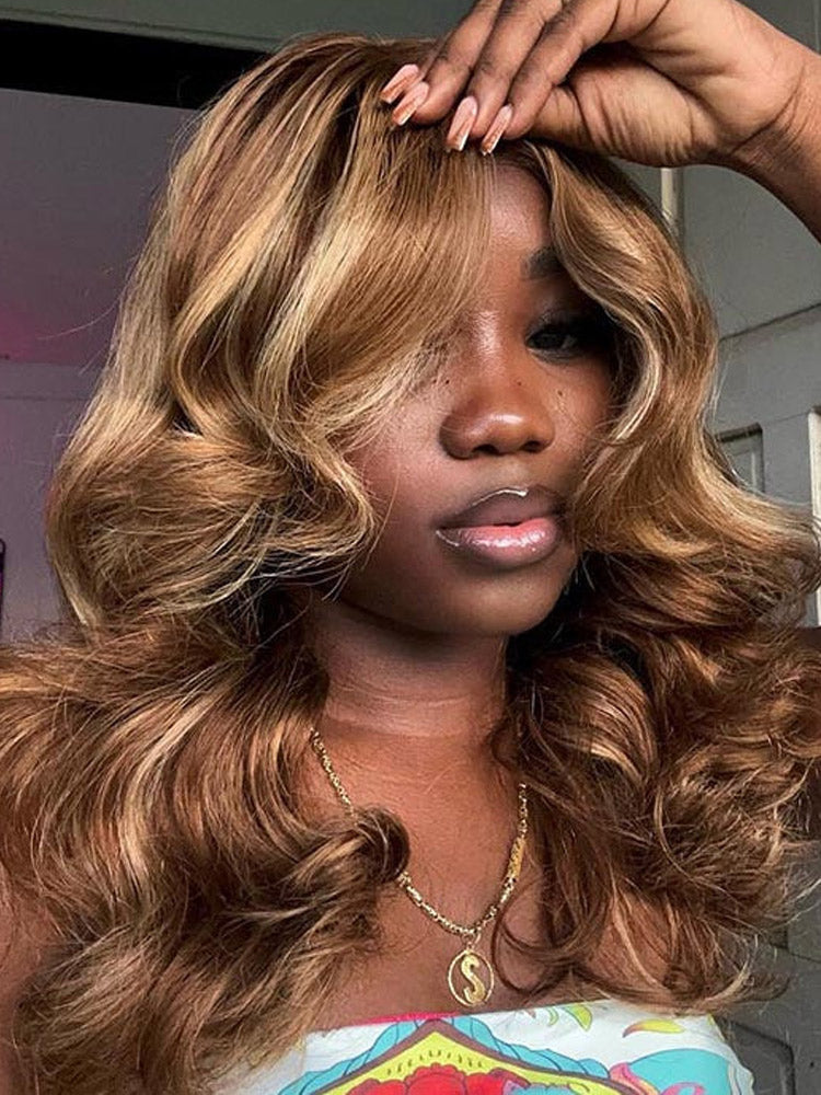 Wigcool Curtain Bangs 4/27 Honey Blonde Highlight Wig Pre Plucked Glueless HD Lace Body Wave Human Hair Wig