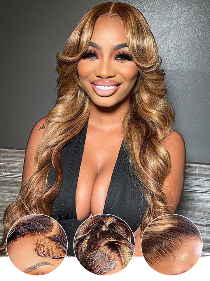 Wigcool Curtain Bangs 4/27 Honey Blonde Highlight Wig Pre Plucked Glueless HD Lace Body Wave Human Hair Wig