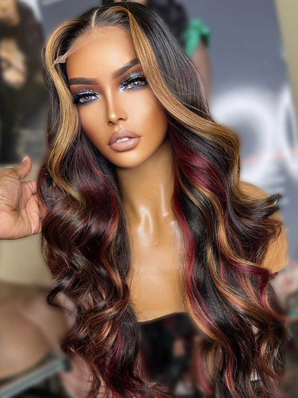 WigCool Body Wave Red Hair With Blonde Highlights Wig 9x6/13x6 HD Transparent Lace Frontal Real Human Hair Wig