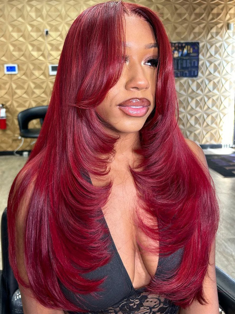 WigCool Burgundy Straight 9x6 Pre Cut/13x6 HD Lace Front Layered Wig Butterfly Haircut 