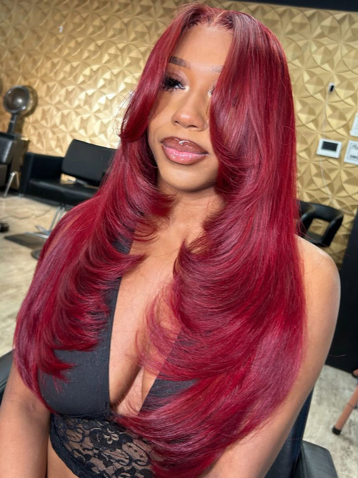 WigCool Burgundy Straight 9x6 Pre Cut/13x6 HD Lace Front Layered Wig Butterfly Haircut #99J Color Wig