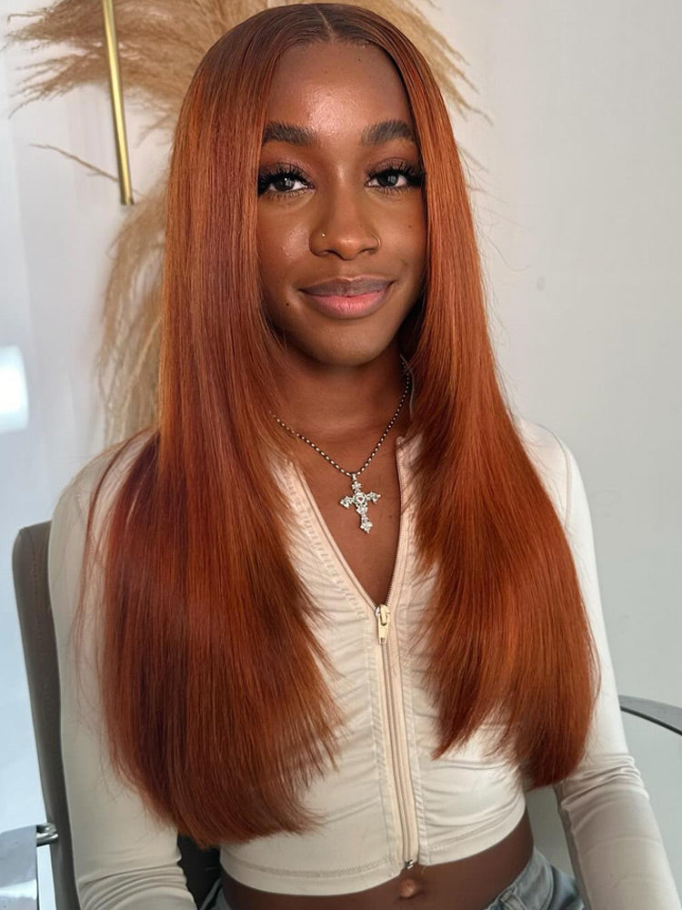 WigCool Burnt Orange Straight 9x6 Pre Cut/ 13x6 HD Lace Front Straight Butterfly Haircut Ginger Wig Layered Hair