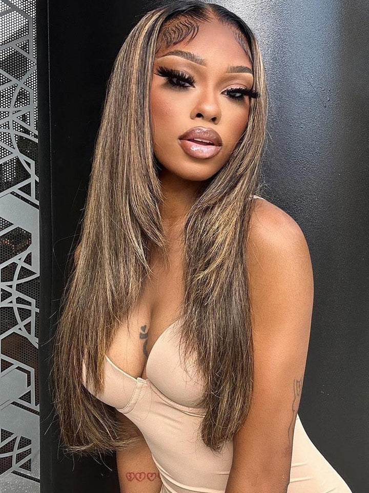 Butterfly Layered Cut Balayage Hair Wear Go Wig 9x6 Pre Cut/13x6 Swiss HD Lace Frontal Wig Black Hair With Blonde Highlights Straight Human Hair