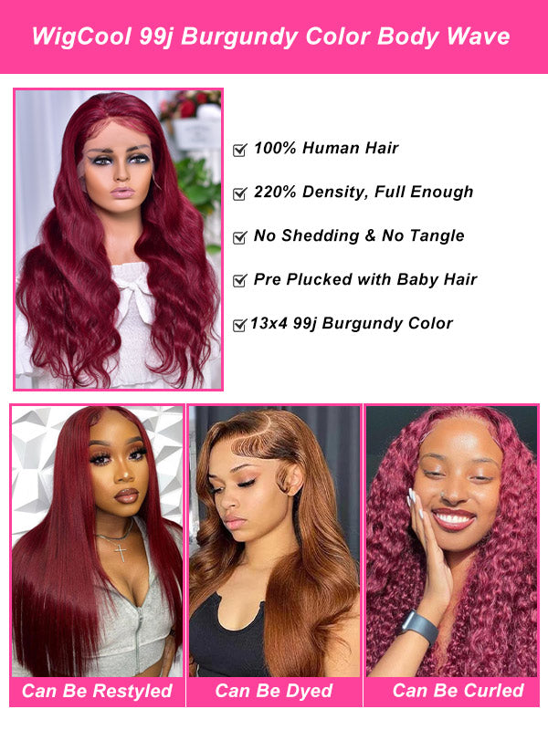 WigCool 99j Burgundy Color Body Wave 13x4 Transparent Lace Front Human Hair Wigs Pre Plucked With Baby Hair