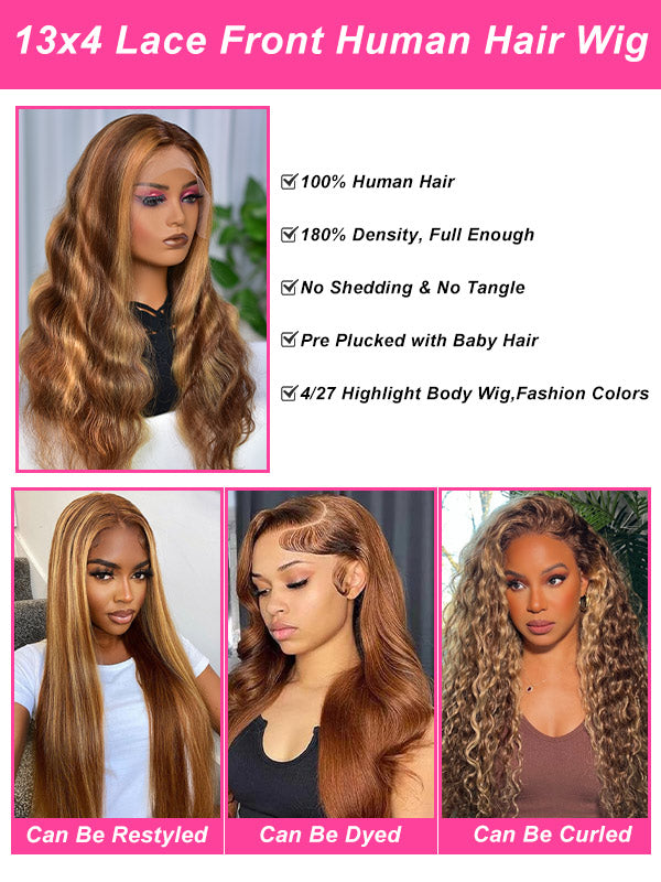 WigCool Honey Blonde Highlight #4/27 Body Wave 13x4 Transparent Lace Frontal Wig Pre Plucked Natural Hairline