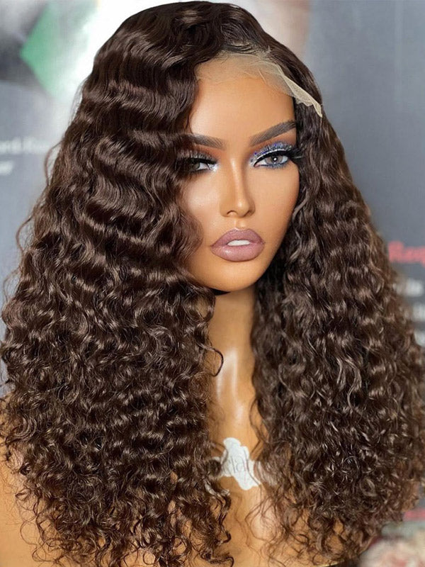 {Super Deal} $179=26inch Chocolate Brown 13x4 Transparent Lace Frontal Wig Natural Hairline Curly Human Hair Wigs