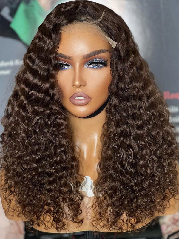 {Super Deal} $179=26inch Chocolate Brown 13x4 Transparent Lace Frontal Wig Natural Hairline Curly Human Hair Wigs