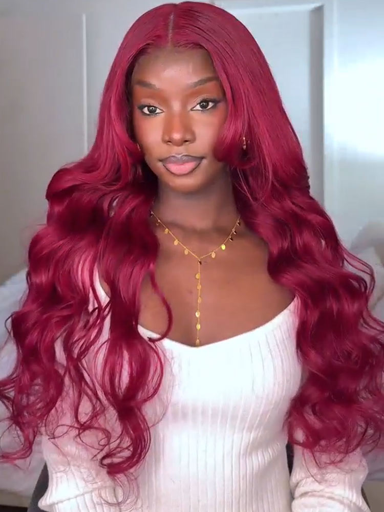 Wigcool Curtain Bangs 99J Burgundy Wig Body Wave 9x6/13x6 HD Transparents Lace Frontal Wig  Pre Plucked with Baby Hair