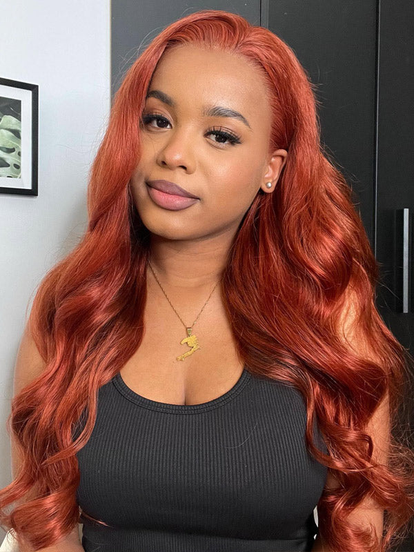 WigCool #350 Copper Color Body Wave 13x4 Transparent Lace Frontal Wig Pre Plucked Hairline