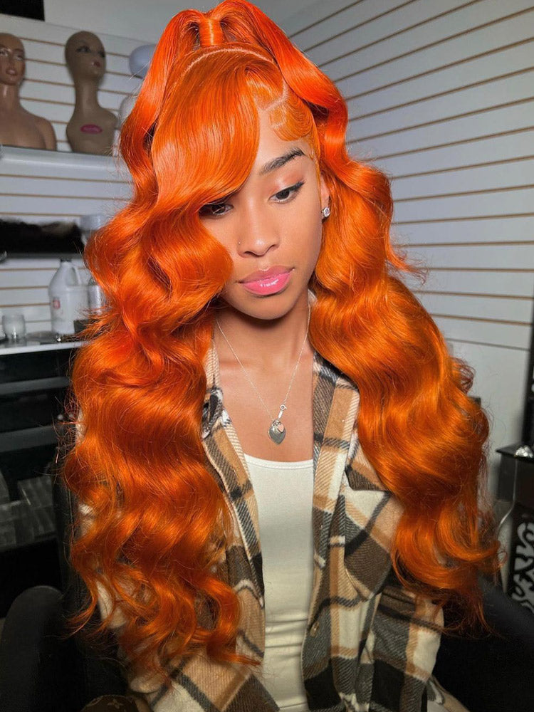 {Super Deal} $87 Get Ginger Orange Color Body Wave/Straight Hair 13x6 Transparent Lace Front Wig Human Hair