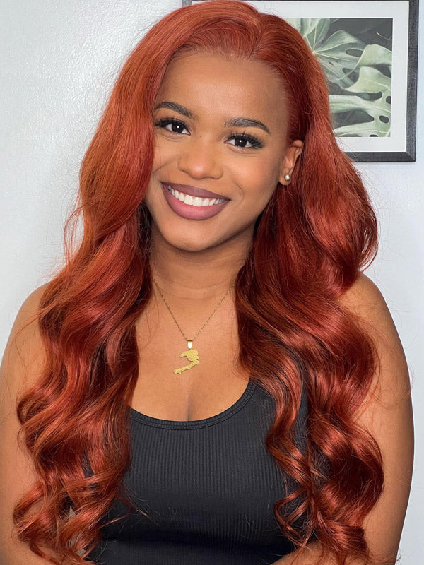 WigCool #350 Copper Color Body Wave 13x4 Transparent Lace Frontal Wig Pre Plucked Hairline