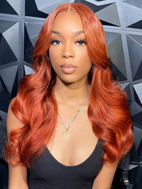 WigCool #350 Copper Color Body Wave 13x4 Transparent Lace Frontal Wig Pre Plucked Hairline