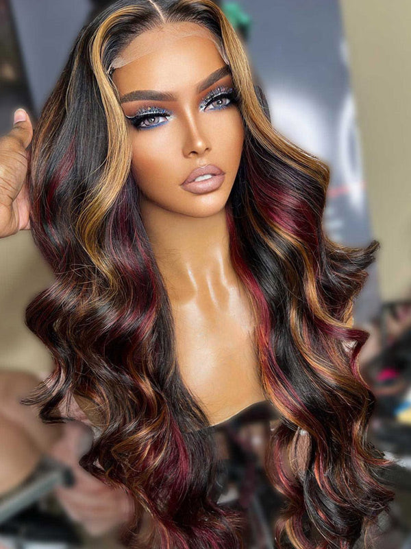 WigCool Body Wave Red Hair With Blonde Highlights Wig 9x6/13x6 HD Transparent Lace Frontal Real Human Hair Wig