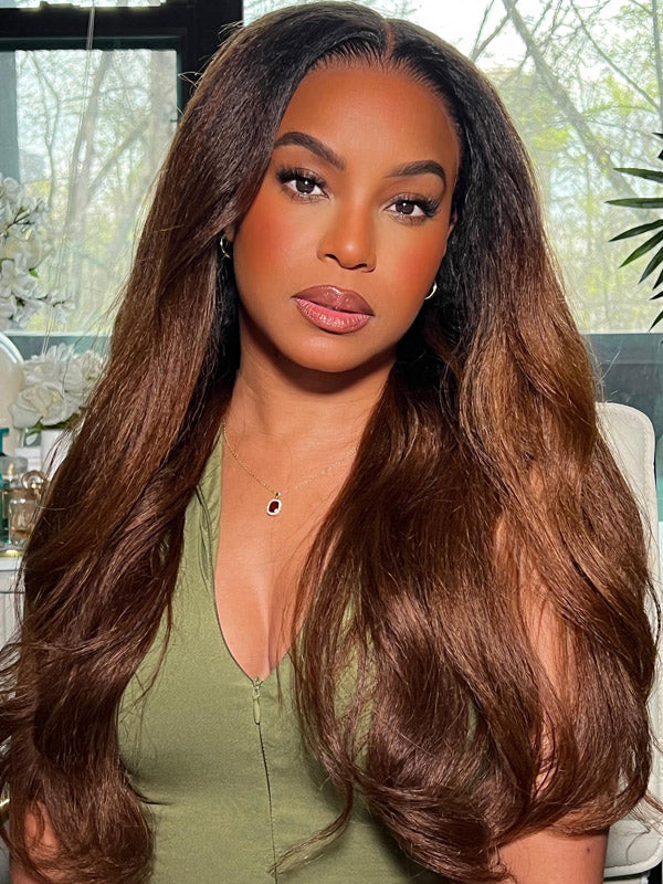 WigCool Kinky Straight Hair Wig 1B/Chestnut Color 13x4 Transparent Lace Front Wig Pre Plucked Hairline