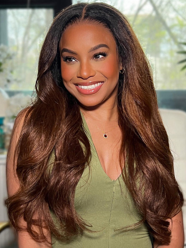 WigCool Kinky Straight Hair Wig 1B/Chestnut Color 13x4 Transparent Lace Front Wig Pre Plucked Hairline