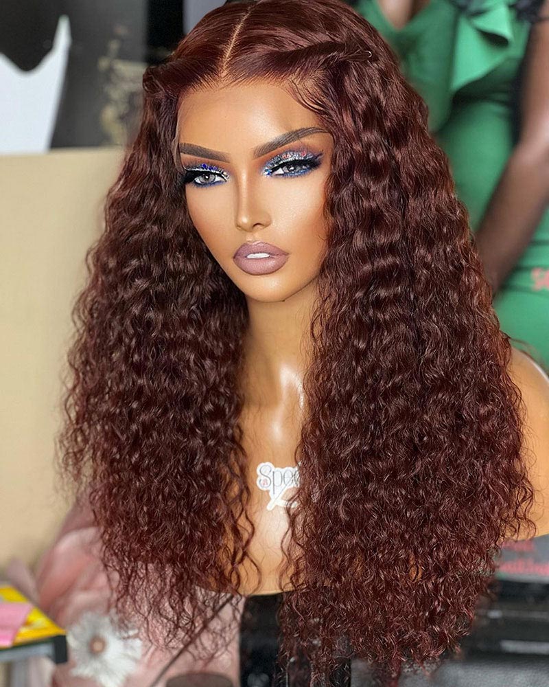 WigCool Reddish Brown Curly Wig 13x4/5x5 Transparent Lace Frontal Wigs Brazilian Copper Red Colored Wig