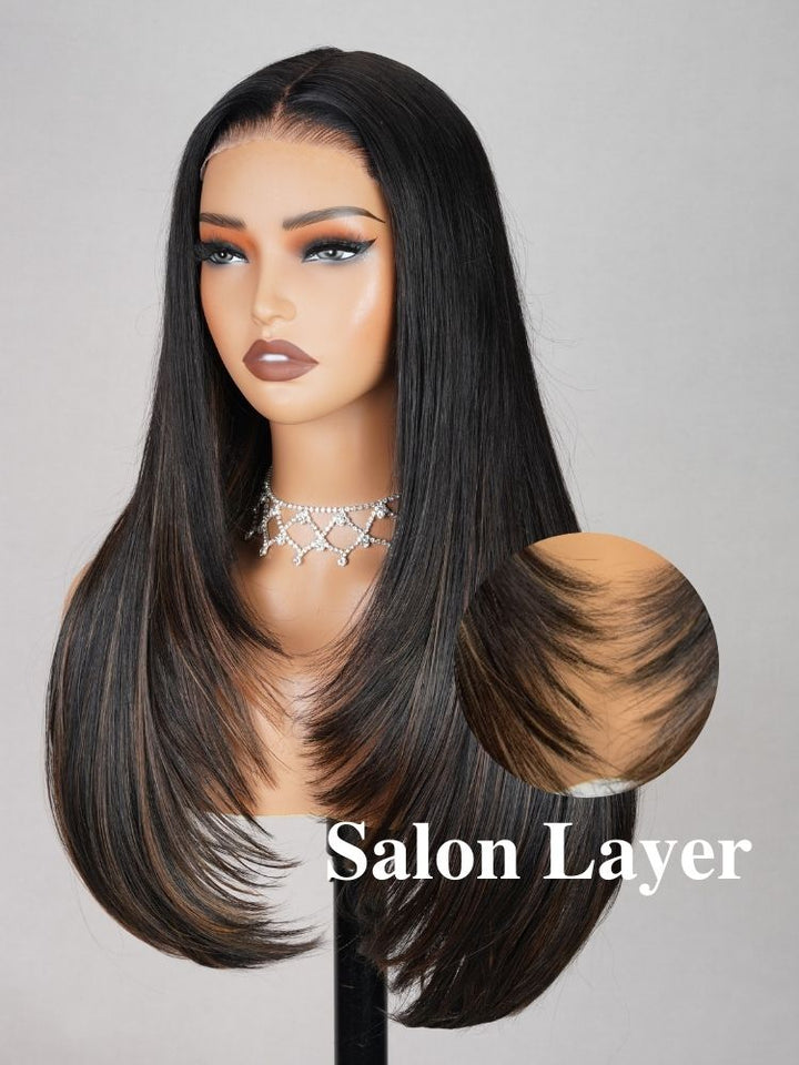 Straight Layered Wig Glueless P1B/30 Highlight Lace Front Wig Middle Part Pre Cut Swiss HD Lace Wig