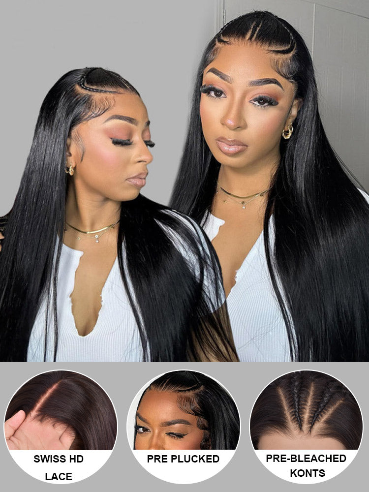 Straight Hair Glueless Pre Braided Wig 9x6/13x6 Real Swiss HD Lace Frontal Wigs Pre-plucked Bleached Knots