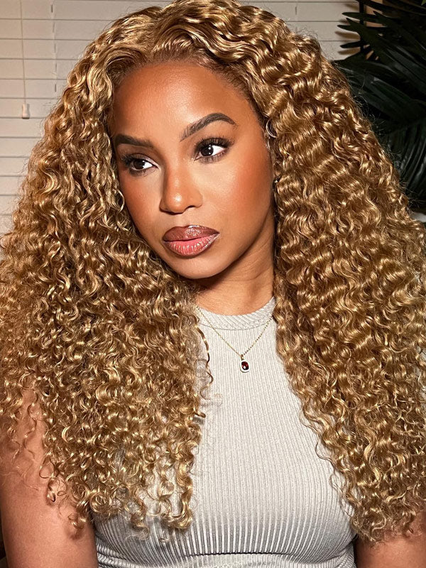 WigCool 13x4/5x5 Transparent Honey Blonde Lace Front Wig Jeery Curly Pre Plucked With Baby Hair Natural Hairline