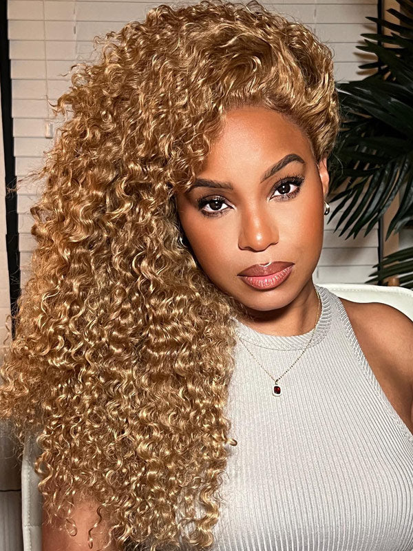 WigCool 13x4/5x5 Transparent Honey Blonde Lace Front Wig Jeery Curly Pre Plucked With Baby Hair Natural Hairline