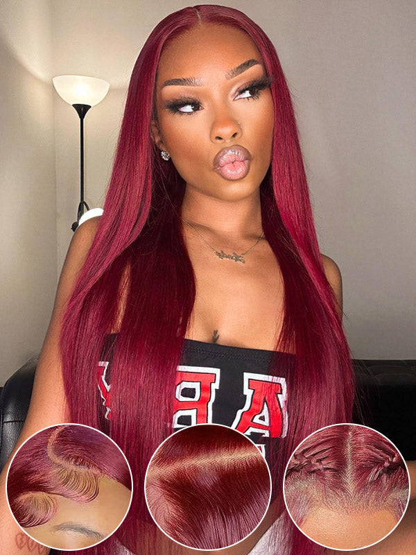 WigCool 99j Burgundy 13x4 Transparent Lace Front Wig Straight Hair 99j Transparent Lace Frontal Human Hair Wig Pre Plucked With Baby Hair