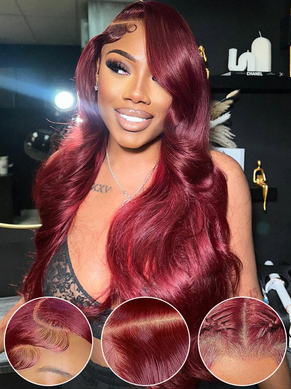 WigCool 99j Burgundy Color Body Wave 13x4 Transparent Lace Front Human Hair Wigs Pre Plucked With Baby Hair