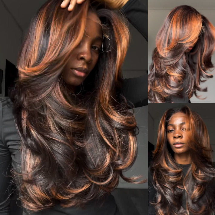 WigCool Curtain Bangs Highlight Ginger Brown 9x6/13x4 Swiss HD Lace Loose Wave Wigs  Pre Plucked Wear Go Wig