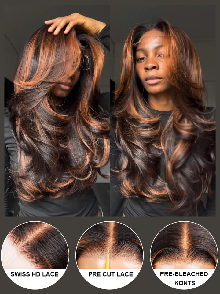 WigCool Curtain Bangs Highlight Ginger Brown 9x6/13x4 Swiss HD Lace Loose Wave Wigs  Pre Plucked Wear Go Wig