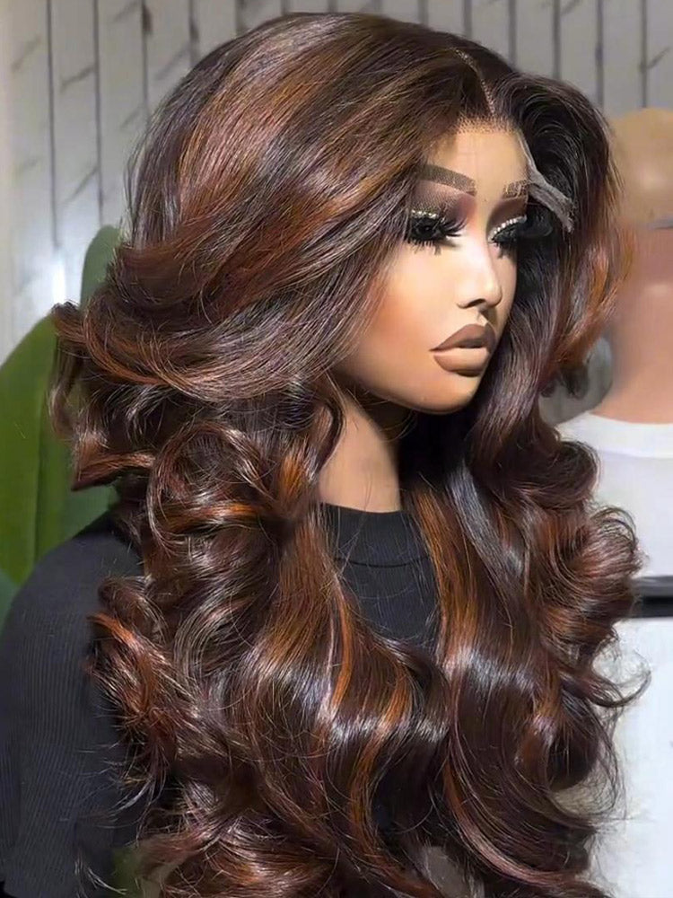 WigCool Curtain Bangs Highlight Ginger Brown 9x6/13x4 Swiss HD Lace Loose Wave Wigs  Pre Plucked Wear Go Wig