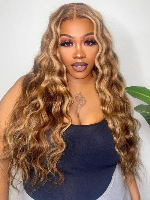 WigCool Honey Blonde Highlight #4/27 Body Wave 13x4 Transparent Lace Frontal Wig Pre Plucked Natural Hairline