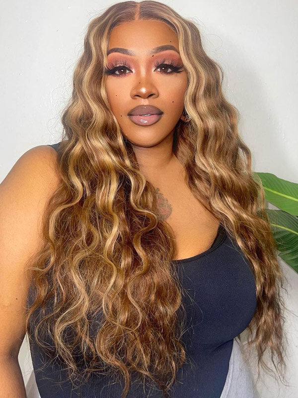 WigCool Honey Blonde Highlight #4/27 Body Wave 13x4 Transparent Lace Frontal Wig Pre Plucked Natural Hairline