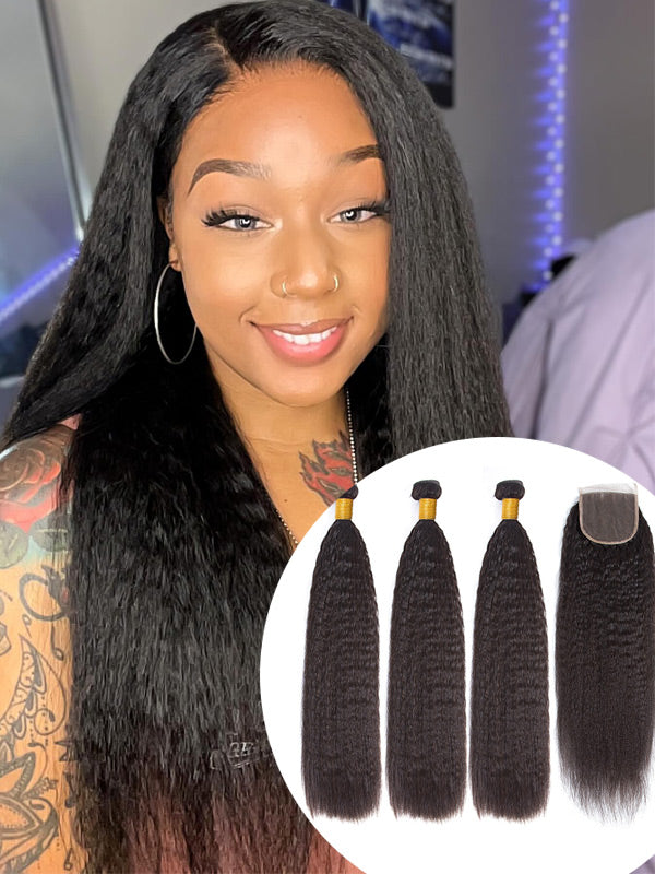 WigCool Kinky Straight 5x5 Swiss HD Lace Closure With 3Pcs Bundles Natural Black  Human Hair