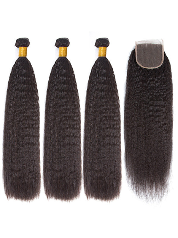 WigCool Kinky Straight 5x5 Swiss HD Lace Closure With 3Pcs Bundles Natural Black  Human Hair