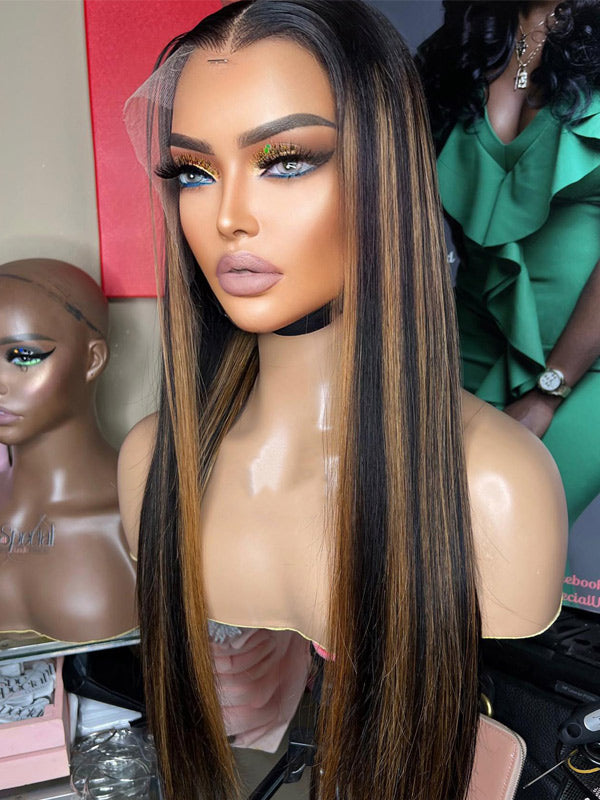 WigCool Natural Black With Balayage Highlight Wig 13x4 Swiss HD Lace Frontal Wigs Straight Human Hair Wig