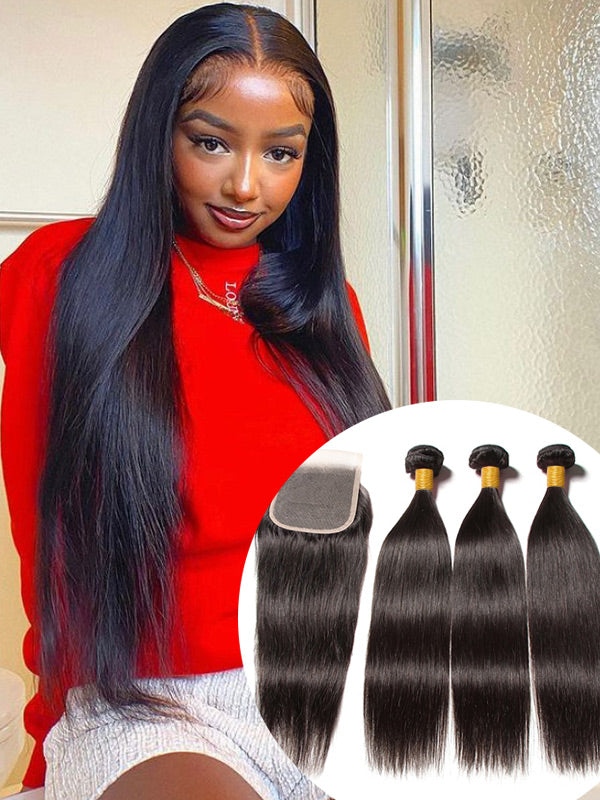 WigCool Straight Hair 5x5 Swiss HD Lace Closure With 3Pcs Bundles Natural Black  Human Hair