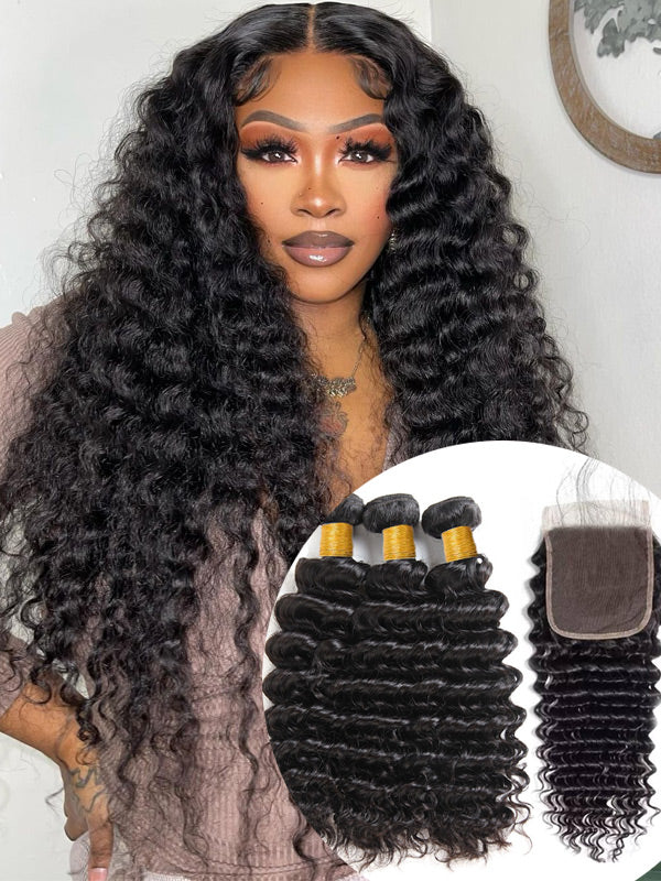 WigCool Deep Wave 5x5 Swiss HD Lace Closure With 3Pcs Bundles Natural Black Human Hair