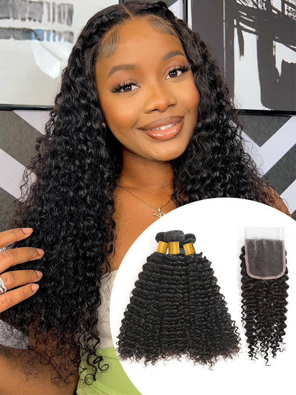 WigCool Jeery Curly 5x5 Swiss HD Lace Closure With 3Pcs Bundles Natural Black Human Hair