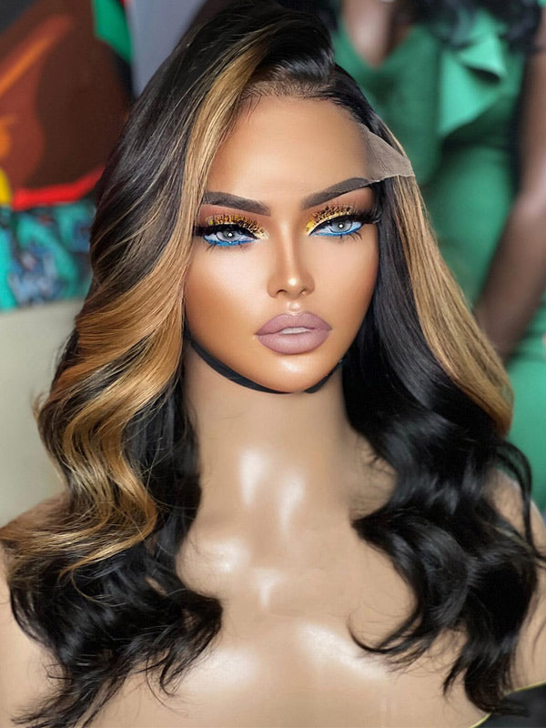 Wigcool Body Wave Black Hair With Blonde Highlights Wear Go Wig 9x6/13x4 Swiss HD Lace Frontal Wig Skunk Stripe Human Hair Wigs