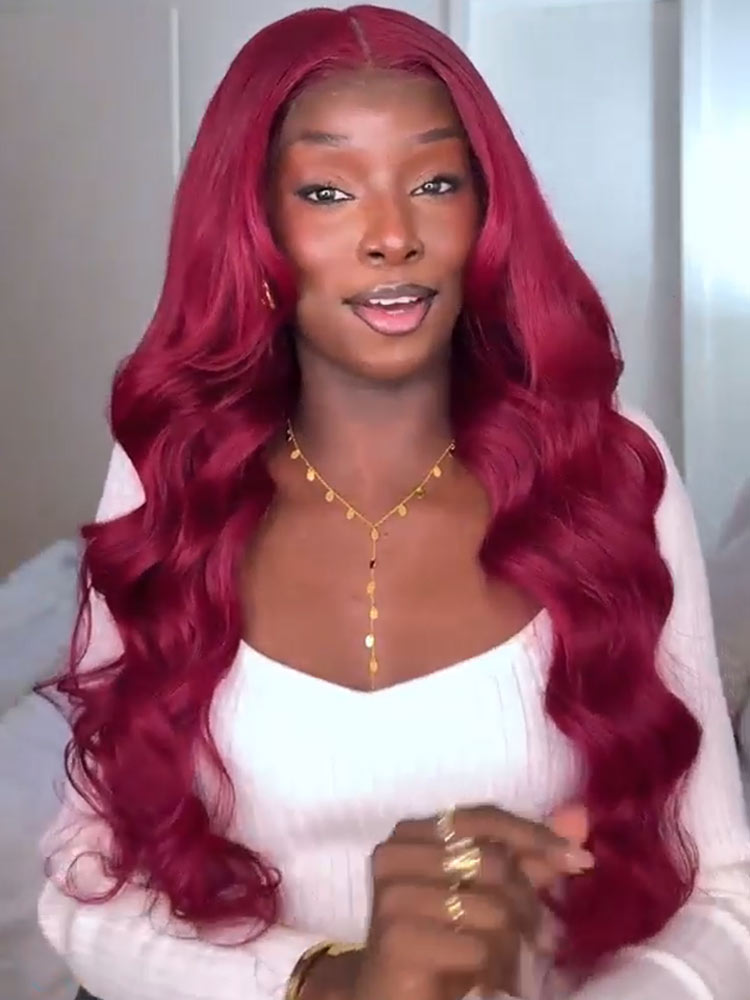 Wigcool Curtain Bangs 99J Burgundy Wig Body Wave 9x6/13x6 HD Transparents Lace Frontal Wig  Pre Plucked with Baby Hair