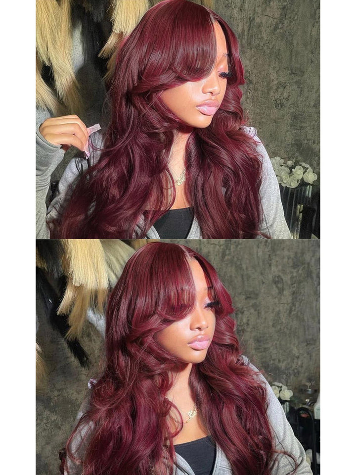 Wigcool Curtain Bangs 99J Burgundy Wig Body Wave 9x6/13x6 HD Transparents Lace Frontal Wig  Pre Plucked with Baby Hair