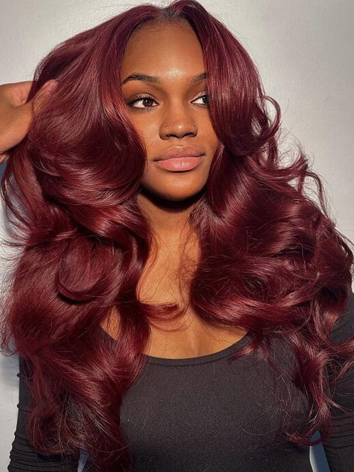 Wigcool Curtain Bangs 99J Burgundy Wig Body Wave 9x6/13x6 HD Transparents Lace Frontal Wig  Pre Plucked with Baby Hair