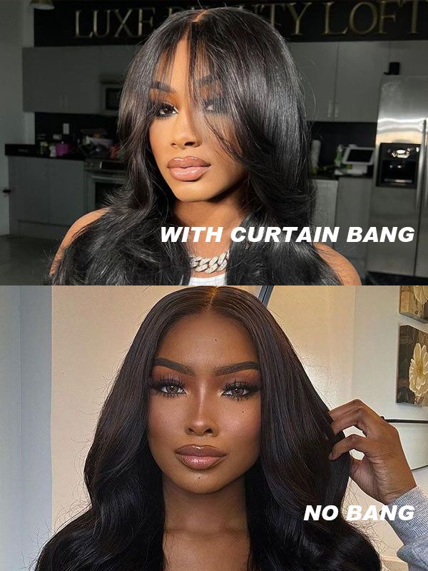 Wigcool Curtain Bangs Glueless Swiss HD Lace Wigs 3D Body Wave Wigs Chic Retro Single Knots Human Hair Wigs