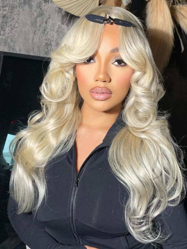 Wigcool Curtain Bangs 613 Blonde Body Wave Wig Pre Plucked Glueless Swiss HD Lace Human Hair Wigs